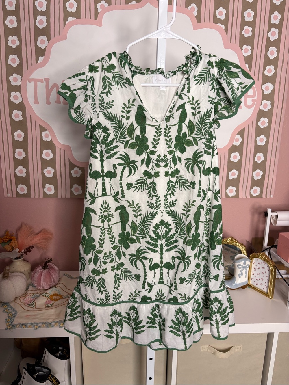 Sugarlips Green Botanical Print Ruffle Hem Dress